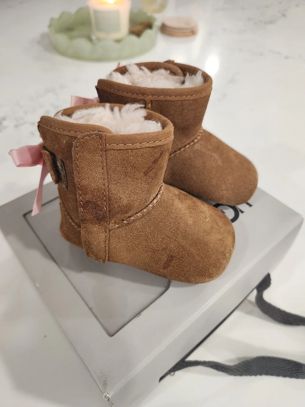 UGG Baby Chestnut Suede Booties with Pink Bows